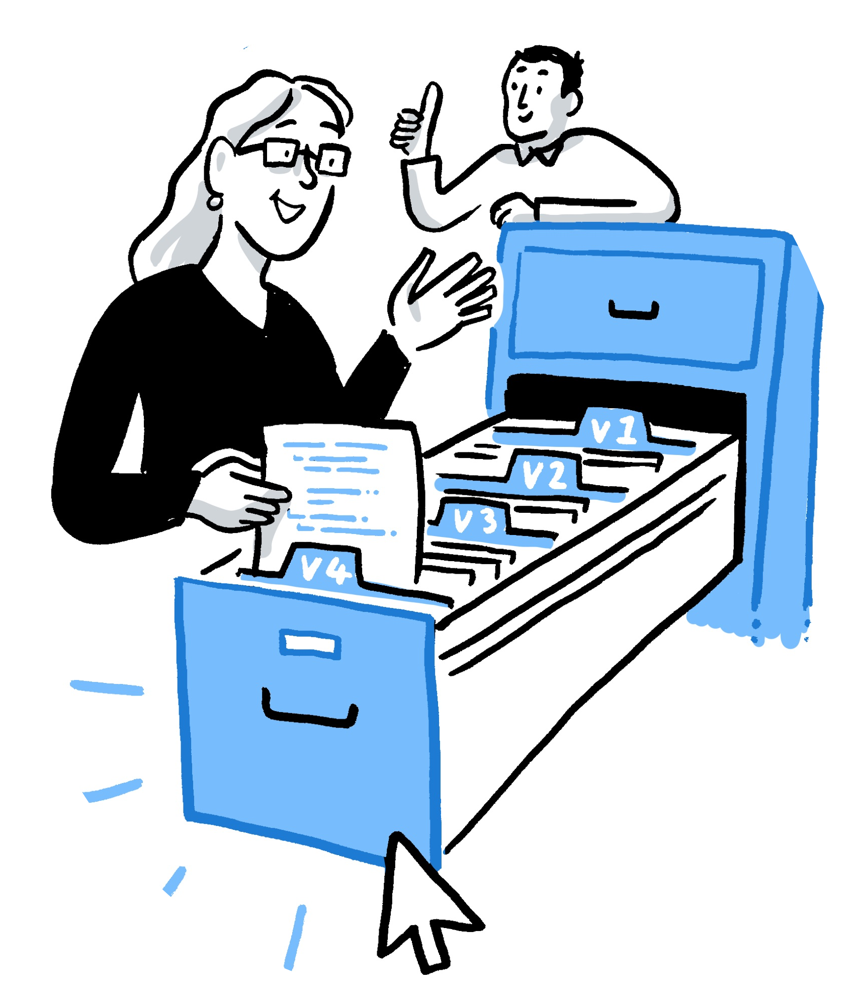 Two folks happily looking in a drawer of documents and looking at different files.
